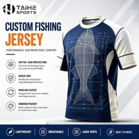 Maillot de pêche personnalisé à manches courtes raglan bleu marine avec manches crème, imprimé motif poisson, empiècements latéraux en maille, séchage rapide, vente en gros