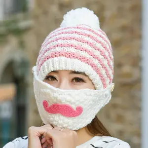 Wholesale Custom Ribbed Knitted Pompom Beanie Hat Mask Skiing Riding Warm Thick Fleece Winter Hat For Women