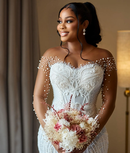 Africano Aso Ebi 2024 <span class=keywords><strong>vestido</strong></span> de novia de sirena blanca cuello transparente mangas completas perlas con cuentas Vintage elegante vestidos de novia <span class=keywords><strong>vestido</strong></span> - Product Image 5