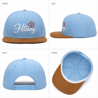 Casquette de baseball personnalisée bleu ciel à visière plate, 6 panneaux, snapback, visière en daim brodée de fleurs, chapeau ajustable, vente en gros, OEM, faible MOQ