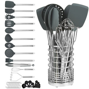 Juego de utensilios de cocina de silicona gris con mango de acero inoxidable, herramientas para cocinar y hornear con soporte metálico de almacenamiento - Product Image 1