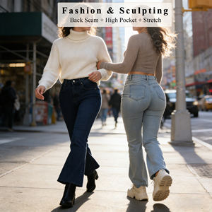 Jean évasé taille haute en denim pour femme, effet ventre plat, extensible, rehausseur de fesses, remodelant, pour le dropshipping - Product Image 6