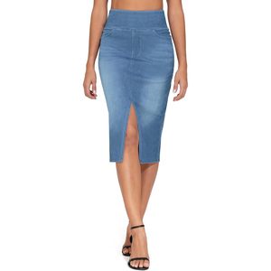 Jupe mi-longue en jean extensible à taille haute pour femme FOXA avec fente avant et poches, silhouette crayon - Product Image 1