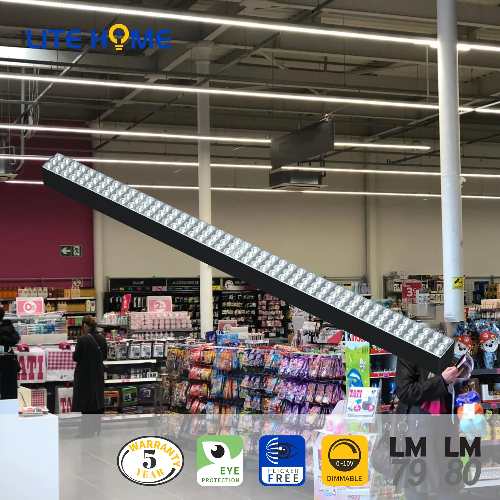 UGR 19 के साथ 80W रैखिक प्रकाश लेंस, एलईडी रैखिक सुपरमार्केट गोदाम शेल्फ के लिए निलंबन प्रकाश एलईडी पट्टी बार connectable प्रकाश