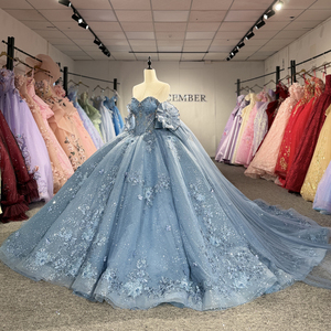Robe de bal élégante LSBB61 avec strass, coupe Empire, motif floral bleu, perles, appliques en dentelle et nœud pour Quinceañera - Product Image 2