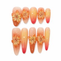 Faux ongles longs en forme de cercueil, faits à la main, sculptés en 3D, motif floral, dégradé coucher de soleil orange-rouge, réutilisables, vente en gros