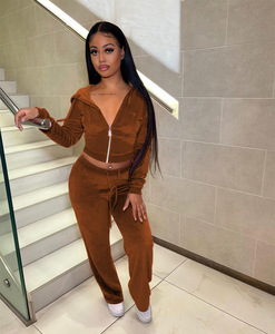 Ensemble de survêtement en velours pour femmes, sweat à capuche, haut court, <span class=keywords><strong>pantalon</strong></span> de jogging à cordon, ensemble deux pièces, <span class=keywords><strong>pantalon</strong></span> décontracté en velours pour femmes - Product Image 6