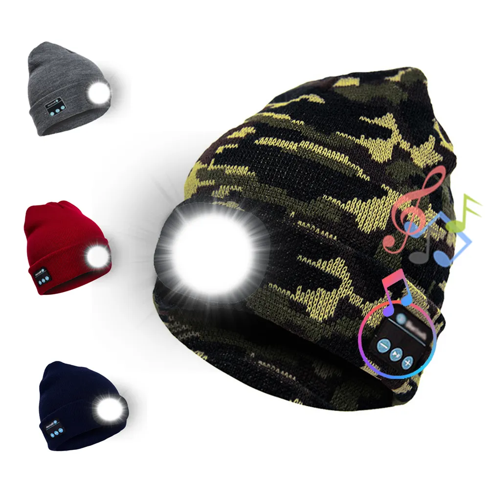 OEM Custom Winter Bluetooth Led Cotton Beanie Hat Low MOQ Free Sample Wholesale LED Bluetooth Beanie hat