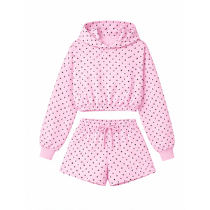 Conjunto a juego de lunares para mujer con logo personalizado, estilo urbano americano, 100% algodón, sudadera corta y pantalones cortos, ropa de otoño - Product Image 3