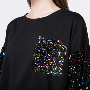 Logo personnalisé polaire paillettes <span class=keywords><strong>brillant</strong></span> <span class=keywords><strong>noir</strong></span> pulls pulls côtelés col rond automne hiver sweat-shirt en coton - Product Image 2