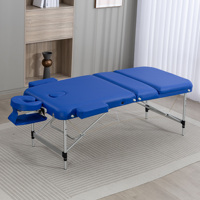 Table de massage avec support pour le visage, avec sangle de maintien pour le bras et accoudoirs latéraux, lit pliant en 3 sections, cadre en aluminium léger, bleu