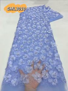 Exclusivo lujo <span class=keywords><strong>africano</strong></span> <span class=keywords><strong>blanco</strong></span> hecho a mano con cuentas y lentejuelas tela de encaje 3D lentejuelas flor tul tela de encaje para novia - Product Image 4