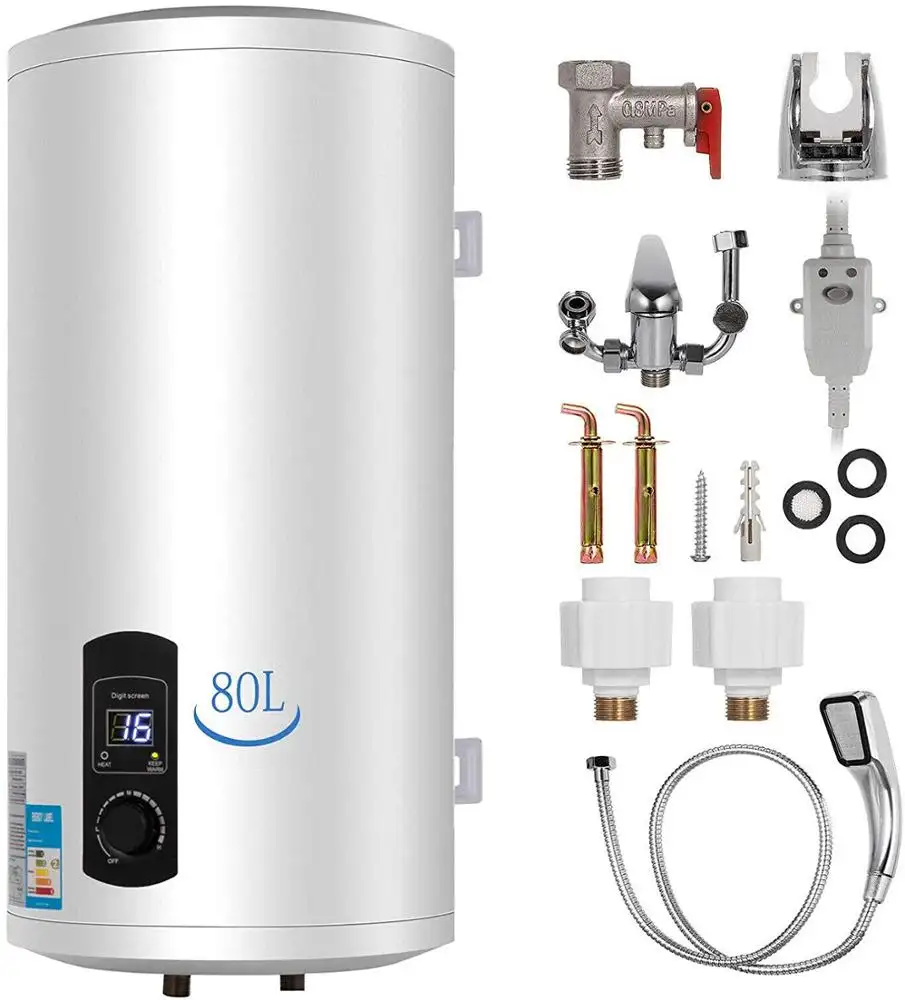 Calentador de agua caliente eléctrico de 2KW y 80L, calentador de agua de almacenamiento de tanque cilíndrico de caldera para cocina y baño