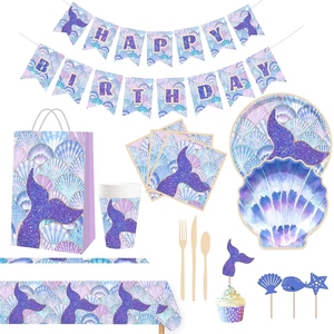 Juego de Vajilla Desechable DAMAI para Fiesta de Cumpleaños, Diseño de Sirena Azul y Morado, Platos, Vasos y Servilletas de Papel - Product Image 2
