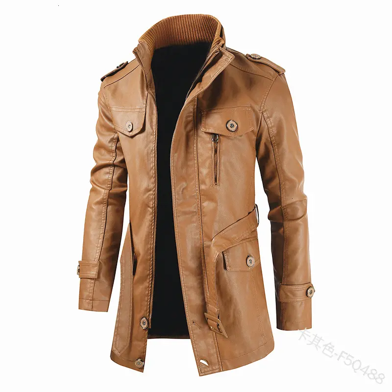 2022 men's pu leather stand collar zipper stitching trench coat fashion waist long sleeve solid color slim lace-up coat