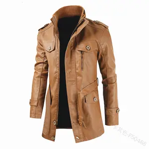 men's pu leather stand collar zipper stitching trench coat fashion waist long sleeve solid color slim lace-up coat