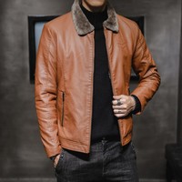 Fleece gefütterte schwere Punkt kragen Lässige Oberbekleidung Warme, dicke, isolierte Vintage-Mantel Reife Herren-Kunstleder jacke