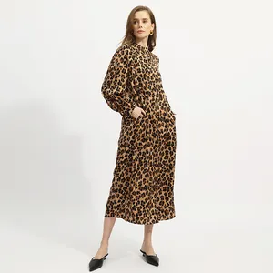 Individuelles schlankes Midi Nachtclub Leopard gedruckt gerade lange Ärmel elegante Kleider mit Gürtel für Damen