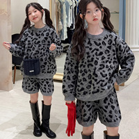 Ensemble deux pièces en tricot léopard pour filles, tenue décontractée printemps-automne, pull et short, vêtements de sport pour enfants