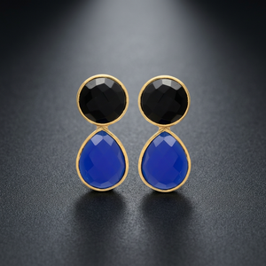 Boucles d'oreilles tendance pour femmes en laiton plaqué or et acier inoxydable, avec onyx noir et saphir, faites à la main - Product Image 2
