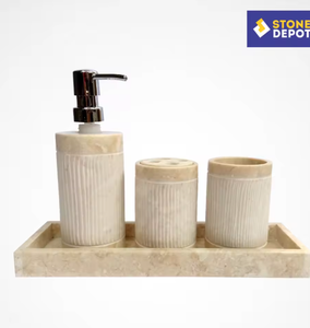 Distributeur de savon liquide en marbre beige de Bali - Design moderne, pompe à mousse, diamètre 8 cm, hauteur 15,5 cm, utilisation hôtelière, lot de 4 pièces - Product Image 2