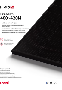 แผงโซลาร์เซลล์ Longi Solar รุ่น LR5-54HPB-415M สำหรับบ้านพักอาศัย สีดำทั้งแผง แบบ Half Cell รุ่น LR5-54HPB-415M สีดำทั้งแผง - Product Image 1