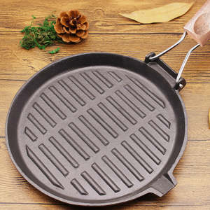 Groothandel Hoge Kwaliteit Voorgekruide Gietijzeren Grillpan met Inklapbaar Houten Handvat Grillplaat Zwarte Ronde Steak Grillpan - Product Image 3