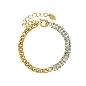 Trendy 18k Gold Plated Stainless Steel Jewellery Baguette Diamond CZ Stone Iced Out Adjustable Tennis Chain Bracelet for Women