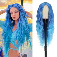 Rambut Keriting Panjang Bergelombang Wanita Amerika Eropa, Belahan Tengah, Lace Kecil, Gradasi Biru, Gaya Liburan, Buatan Mesin, Tenun Tangan, Vegan