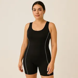 ชุดว่ายน้ำวันพีซแบบปรับได้สำหรับผู้หญิง สีดำล้วน ผ้ายืดสแปนเด็กซ์ ไนลอน กางเกงขาสั้น คอกลม ชุดกีฬาชายหาด ชุดว่ายน้ำ ไซส์ XL - Product Image 3