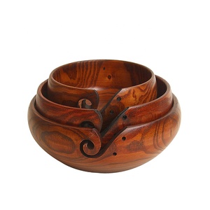 Wholesale Handmade Round Yarn Storage Organizer Knitting Tool Storage Basket Wooden Crochet Yarn Bowl with Holes