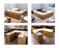 Meubles de restaurant modernes, comptoir de bar en bois en forme de L avec éclairage LED, comptoirs de bar commerciaux en surface solide pour café