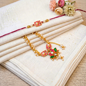 New Elegant Handcrafted Premium Designer Floral Pink Meenakari Lotus Kundan Rakhi Set for Brother and Bhabhi - Product Image 1
