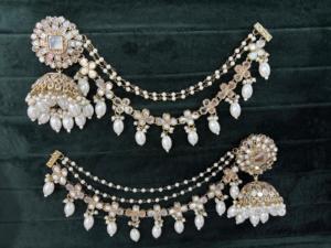 Women's Ear Wear <b>Accessories</b> -Silver Plated Multi Color Jhumka Pair With Hair Chain Stranded Earings OEM - Product Image 2