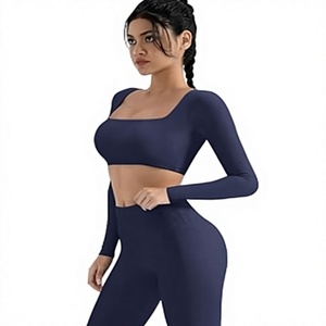 Women Seamless Yoga Set Square Neck Long <b>Sleeve</b> <b>Crop</b> <b>Top</b> High Waist Leggings Solid Color Breathable Activewear 2 Piece Set - Product Image 1
