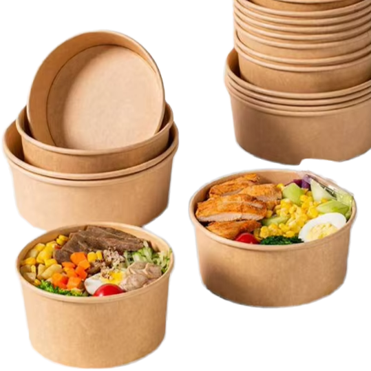 Eco-Friendly Biodegradable Disposable Kraft Paper Salad Bowl Lid Food Grade Restaurant Takeout Plate Container for Pizza Cookie