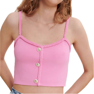 Logotipo personalizado OEM ODM mujer verano Casual inspirado francés trenzado rosa en correa Chaleco de punto cuello redondo estilo Ordenador de punto - Product Image 1