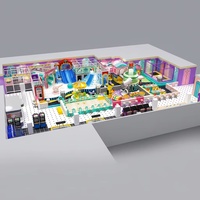 Équipement de terrain de jeux intérieur commercial PAGODA, structure d'escalade avec trois toboggans bleus, tour en forme de baril, toboggan spiralé, bac à sable pour enfants FEC