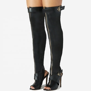 Front Zipper Women Stretchy Thigh High Boots Summer Cross Belt Buckle Long <b>Booties</b> Over Knee Peep Toe High Heel Camouflage Shoes - Product Image 3