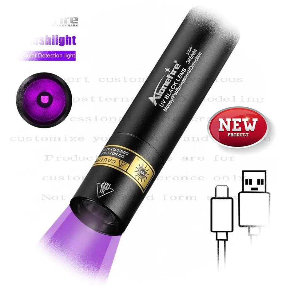 Lanterna UV com luz ultravioleta de alto brilho personalizada 365nm, lâmpada recarregável USB para urina de animais de estimação, urina de gato, Tinea, minério de dinheiro, escorpião