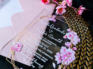 Invitación DE BODA acrílica con impresión de flor de cerezo personalizada de lujo con <span class=keywords><strong>Sakura</strong></span> en sobre rosa - Product Image 2