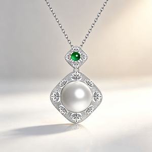 FYXL1246Classic 925 Silver Pendant Necklace With Freshwater Pearl And Green Gemstone Geometric Design Rhodium Plated Women's Eve - Product Image 2