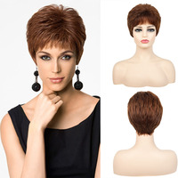Perruque synthétique haut de gamme sans lacet, fabriquée à la machine, coupe pixie, brun rougeâtre, courte, droite, mate, naturelle, résistante à la chaleur pour femmes