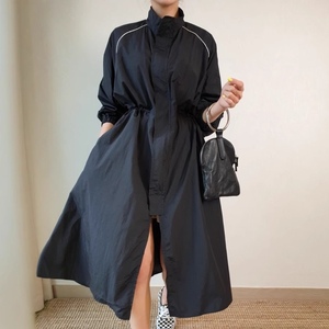 Para Sehe moda mujer cuello alto suelto cintura alta vestido hasta la rodilla Split gabardina estilo liso teñido cintura Natural - Product Image 2