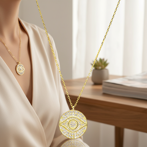 Colgante con Diseño de Ojo Redondo y Circonita Transparente, Hecho a Mano en Turquía, Chapado en Oro sobre Plata 925, Joyería Minimalista para Mujer - Product Image 3