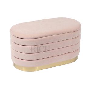 Taburete de terciopelo ovalado para dormitorio, taburete suave de lujo, moderno, otomano, color rosa, italiano, oro, acero inoxidable - Product Image 3