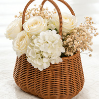 Panier en rotin synthétique tressé avec poignées, panier décoratif vintage pour mariage, demoiselle d'honneur, arrangements floraux, fruits et décoration intérieure