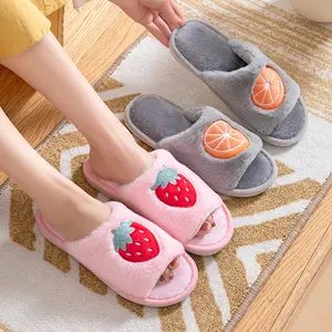 Flat Sandals For Women Furry Slippers Open Toe Embroidery Cartoon Fruit Strawberry Watermelon Ladies Home Slippers Wholesale