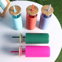Gobelet en verre borosilicate personnalisé avec logo, 500 ml, 600 ml, 750 ml, couvercle en bambou, manchon en silicone, bouteille réutilisable, paille réutilisable