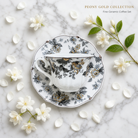 Ensemble tasse et soucoupe à café en céramique, style vintage européen, gris et or, motif floral, bord festonné, finition dorée, pour le thé de l'après-midi, 250 ml, réutilisable, pour la maison
